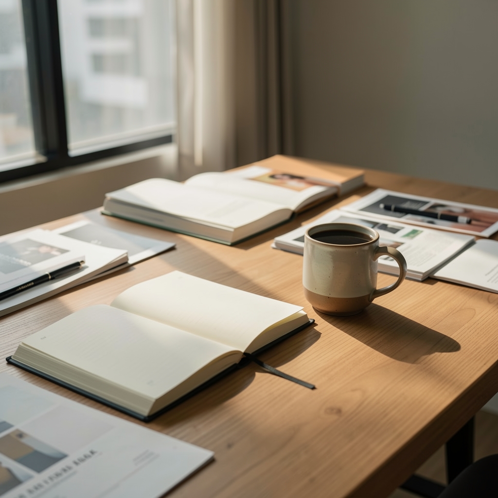 Sunlit editorial workspace in Jakarta with open notebooks, a ceramic mug, and natural light falling across a wooden desk surrounded by reference materials