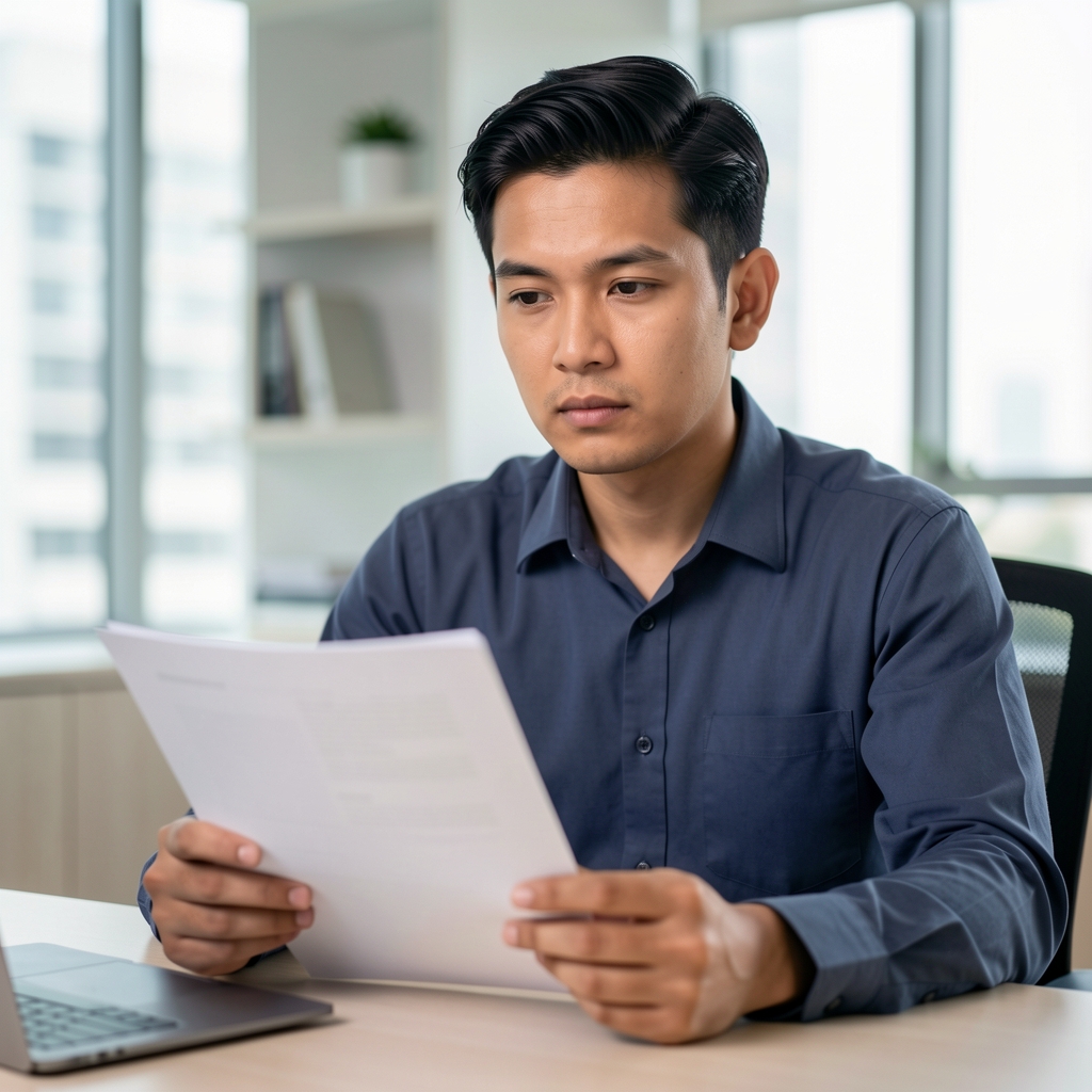 Portrait of a man in his late thirties seated at a minimalist desk in a Jakarta office, reviewing printed documents with a neutral expression