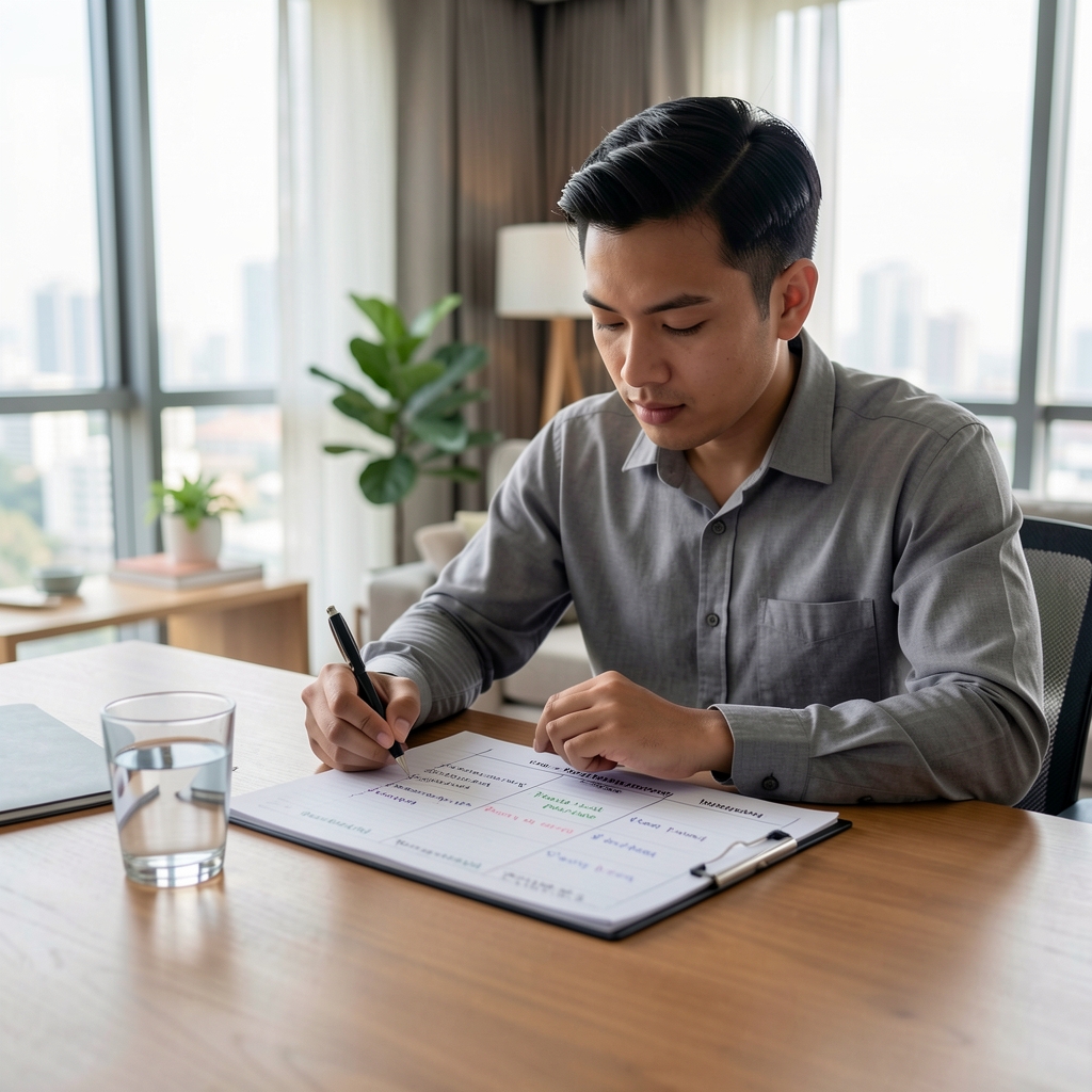 Man sitting at a wooden desk in a well-lit Jakarta apartment reviewing a handwritten morning routine planner beside a glass of water