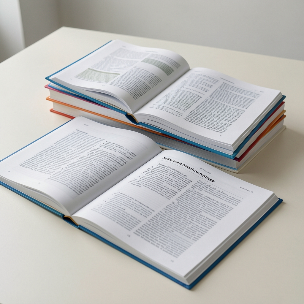 Stack of open research journals and printed academic papers on a clean desk surface, open to nutritional science chapters, studio lighting