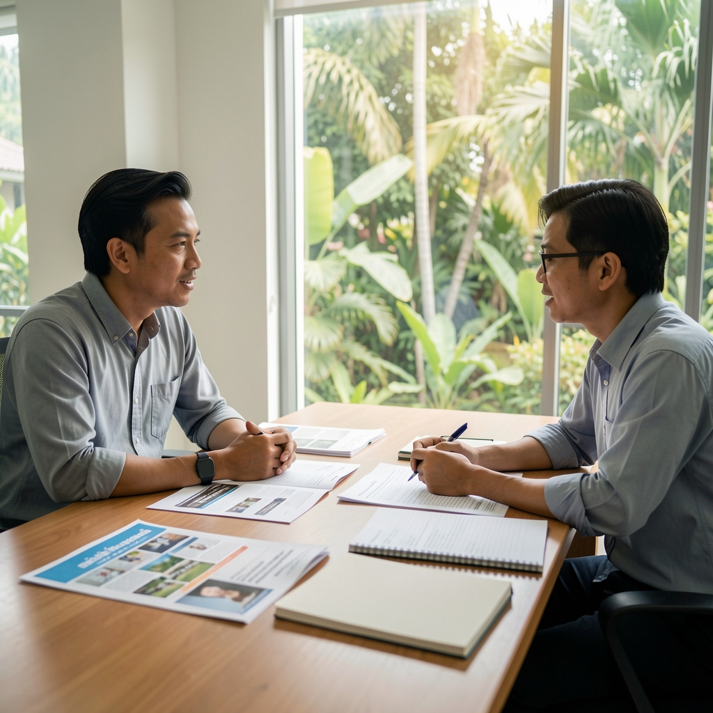 Two men in conversation over a table covered with printed articles and notebook pages, in a light-filled Jakarta meeting room with natural greenery outside