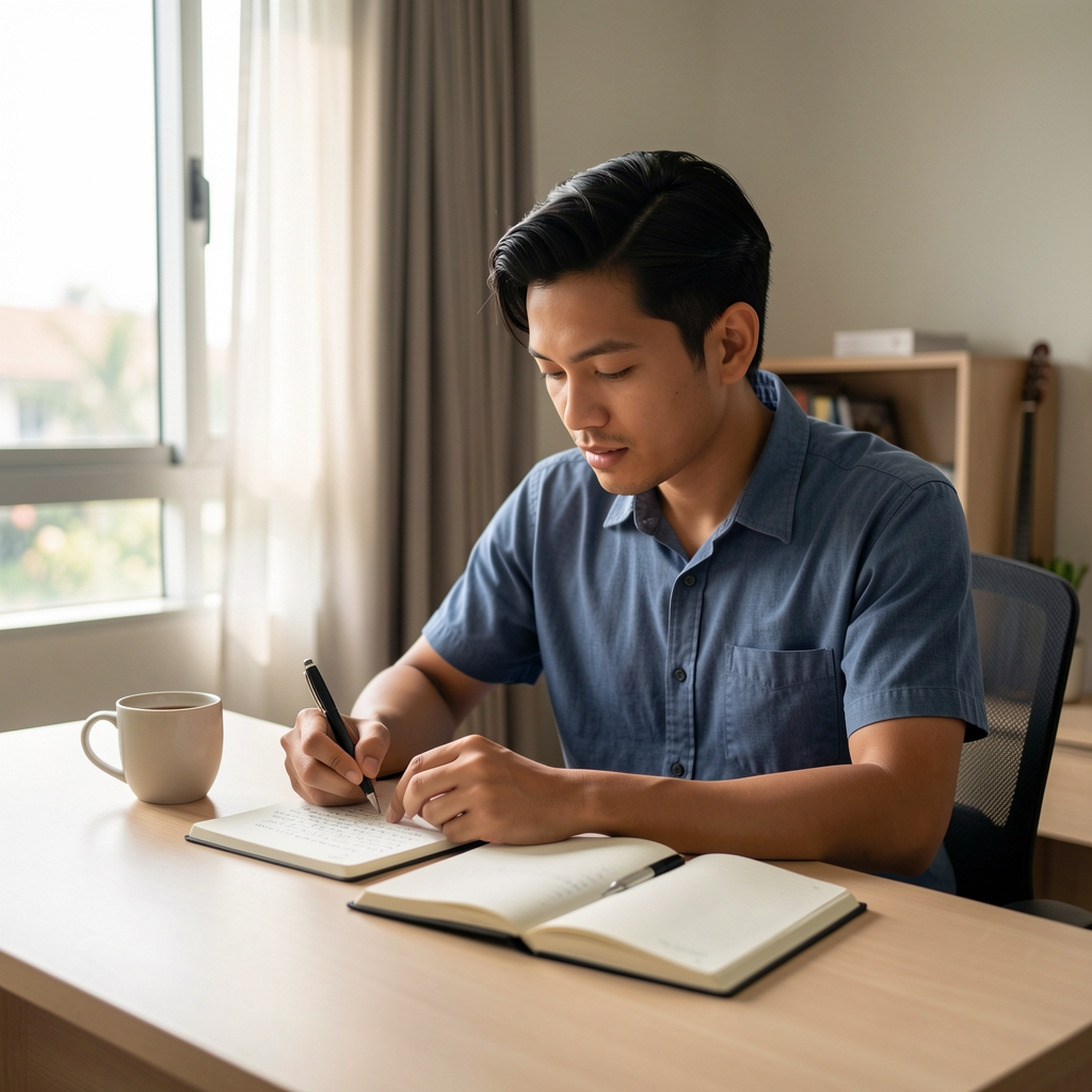 Man seated at a clean desk in a quiet Jakarta apartment, reviewing handwritten notes in morning light, coffee cup and open notebook in front of him