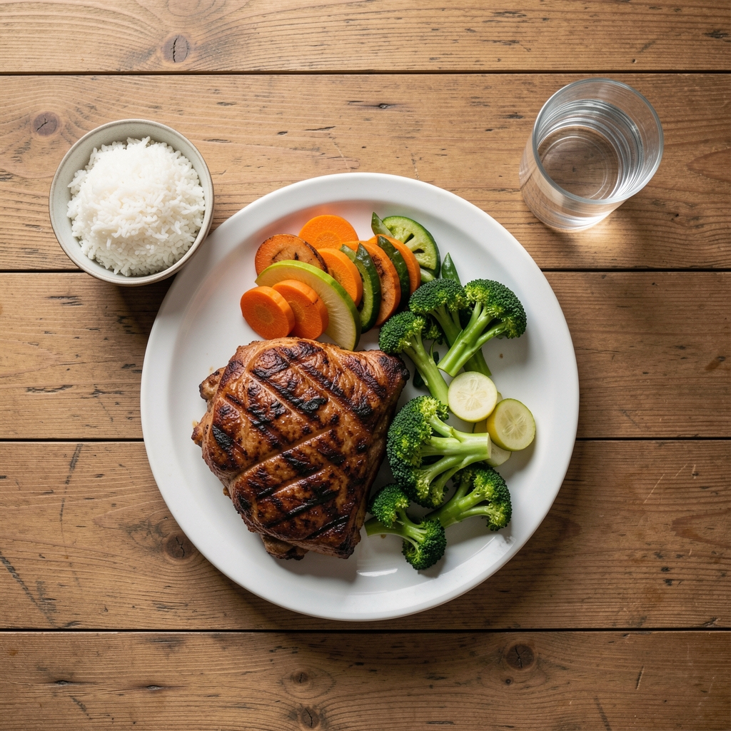 Overhead flat-lay of a well-composed Indonesian meal with grilled protein, steamed vegetables, rice, and water glass on a wooden table